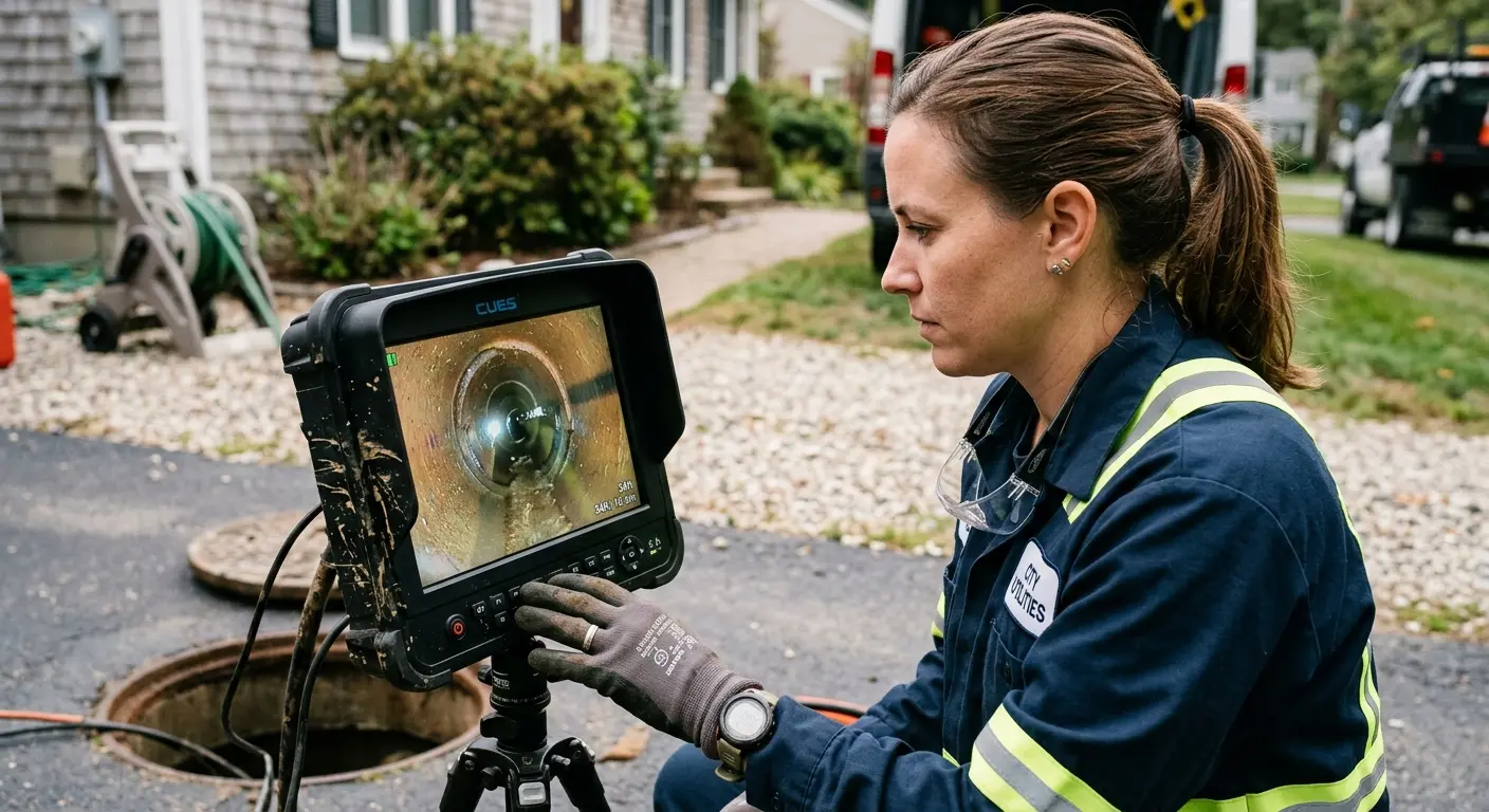 Technician reviewing sewer camera inspection footage in Norwich