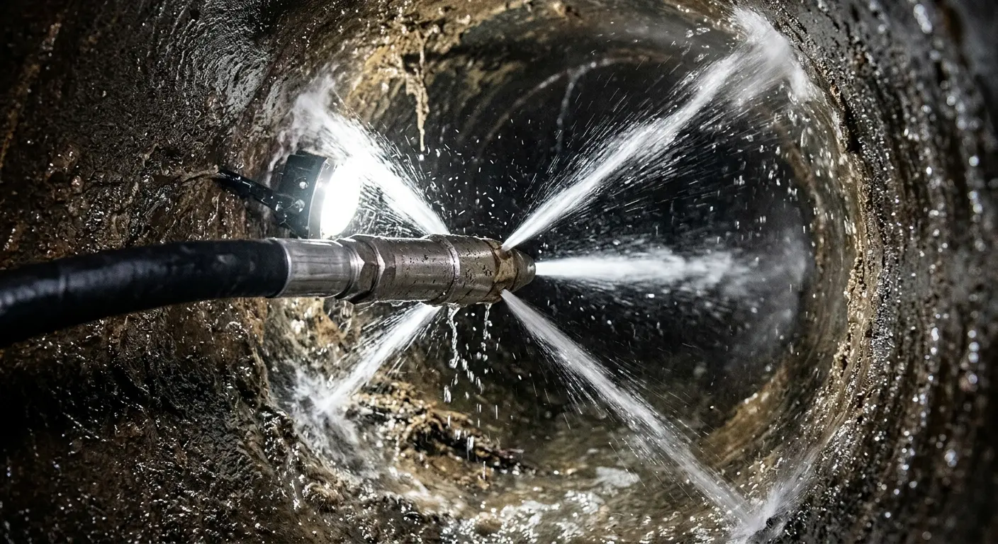 High-pressure hydro jetting nozzle cleaning sewer pipe for Emergency Drain Service in Norwich
