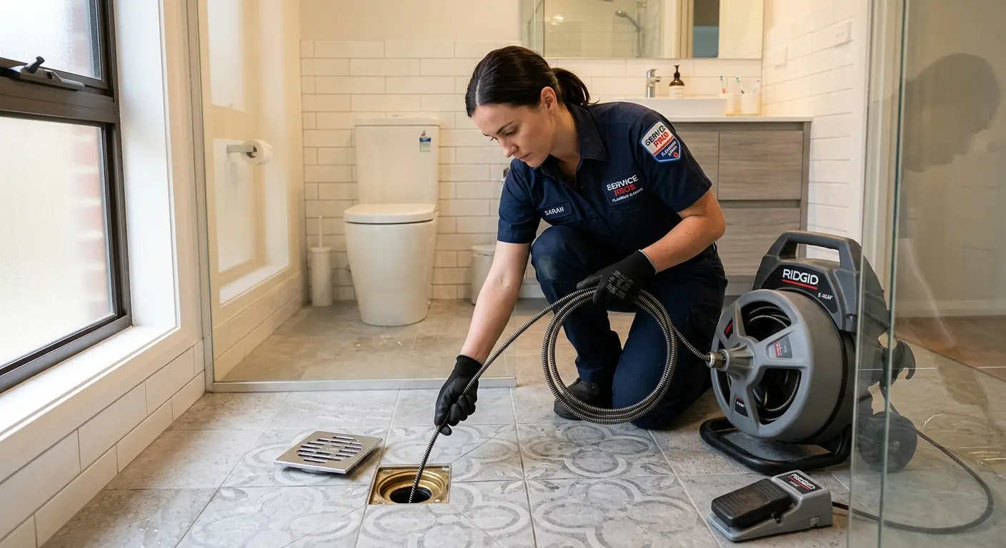 Technician clearing a bathroom floor drain for Drain Cleaning in Norwich
